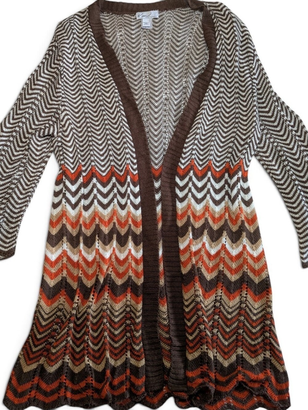 Vintage Kim Rogers Chevron Crochet Duster Cardigan L Open Knit Boho Whimsigoth